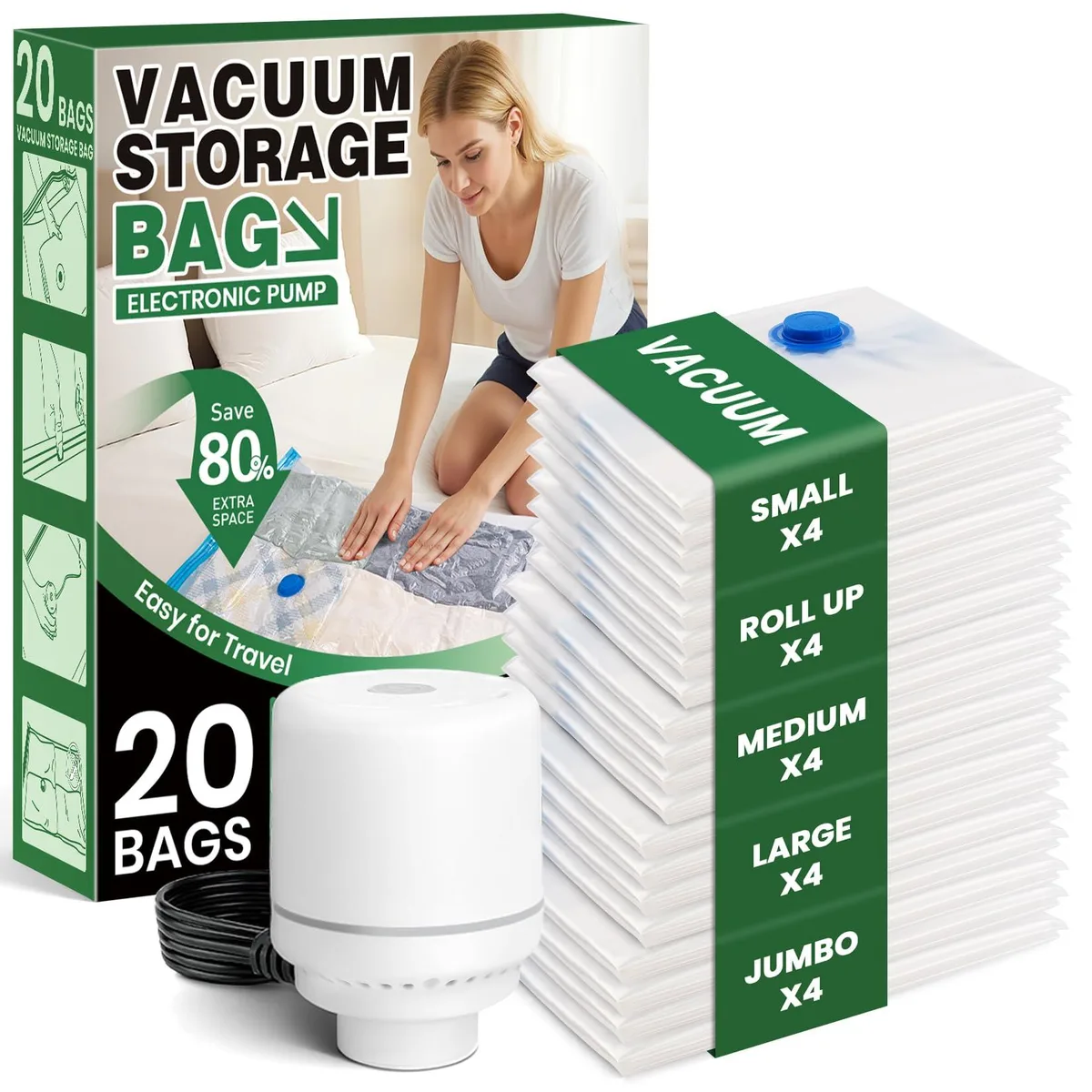 Twenty vacuum storage bags in assorted colours with an electric pump