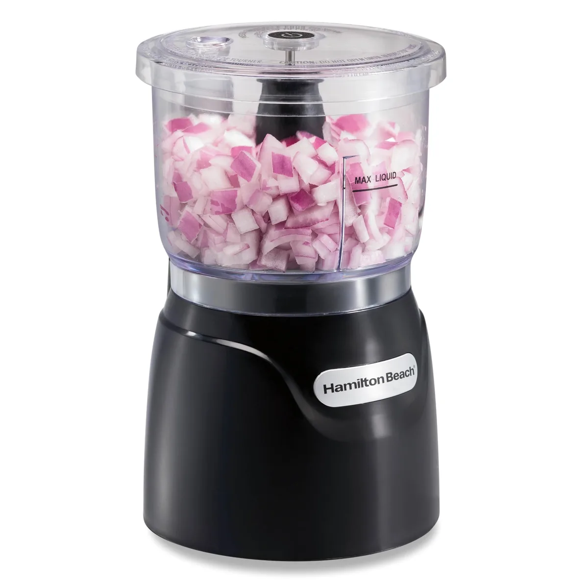 Compact black mini food processor with press-down lid, 3-cup bowl and stainless steel blades