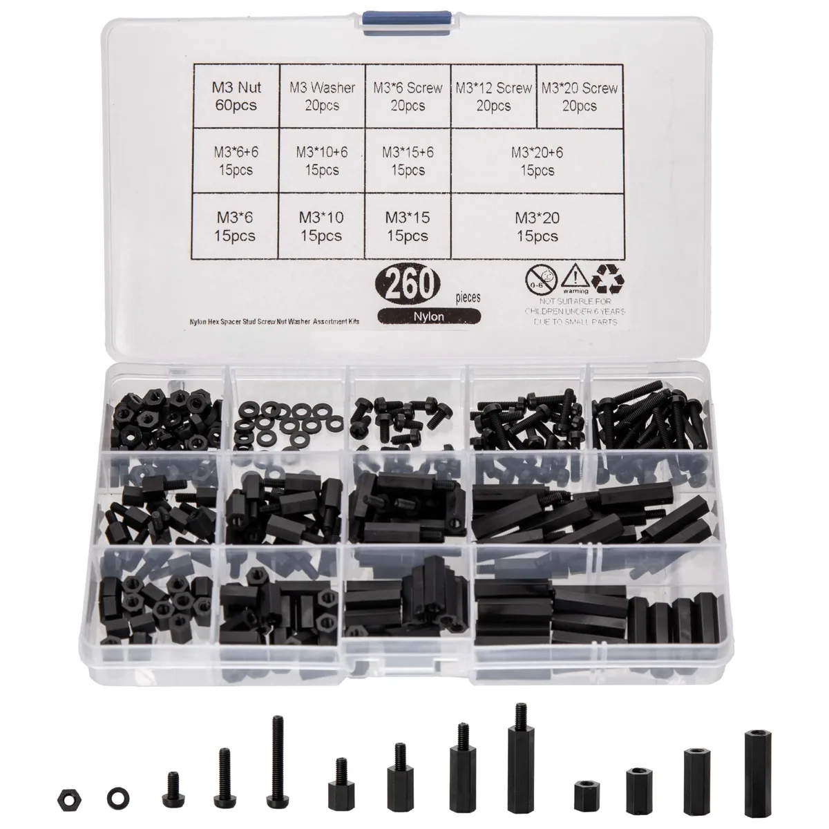 wugongshan 260 Pcs M3 Nylon Hex Spacer Standoff Kit Black — product photo