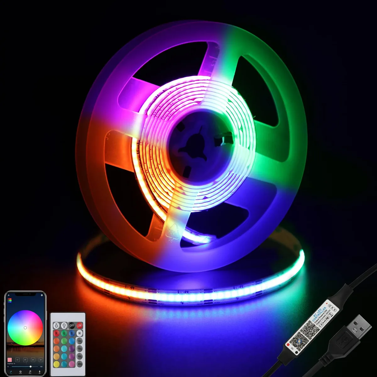 Flexible multicolour LED strip on copper base, 4.9 ft long, USB powered