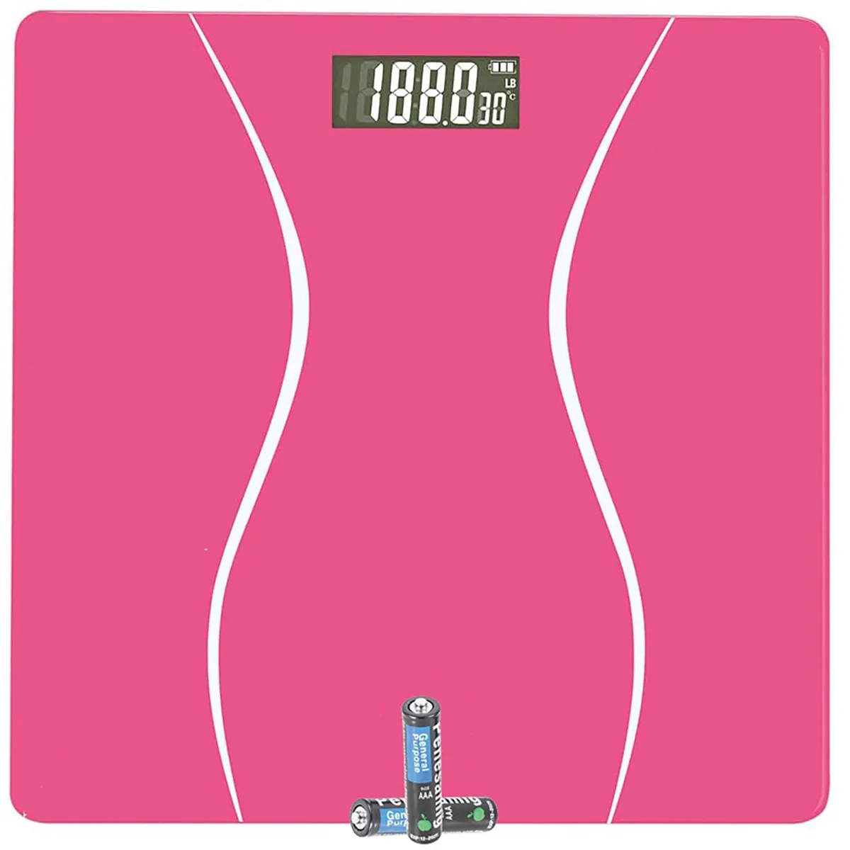 Pink mini digital bathroom scale with tempered glass platform and backlit display