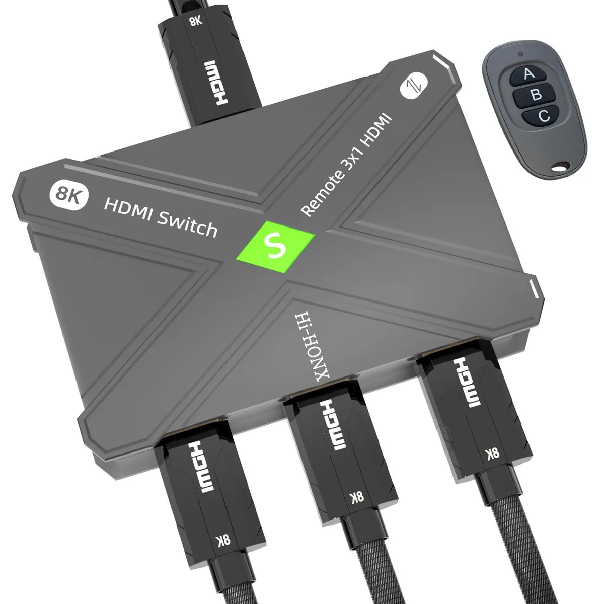 Small black box with three HDMI ports and a remote control