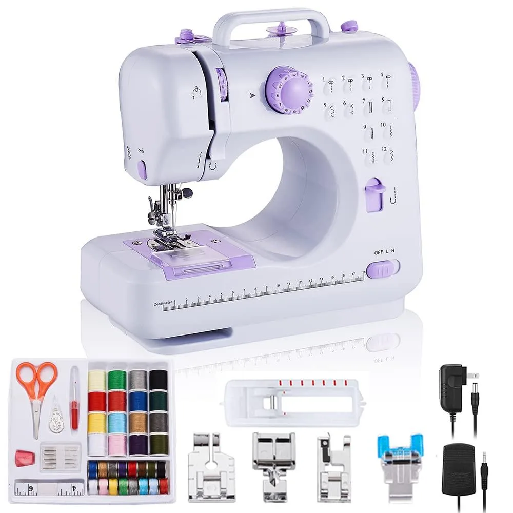 Rxmeili portable mini electric sewing machine 12 stitches 2 speed foot pedal light storage drawer — product photo