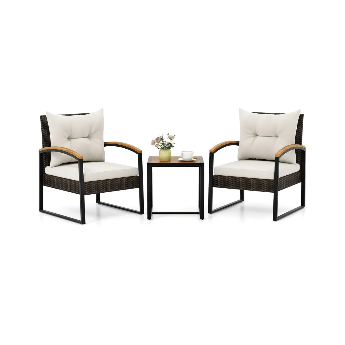 SlickBlue SlickBlue 3 Piece Patio Conversation Set White Mix Brown Acacia Wood Armrests Tabletop — product photo
