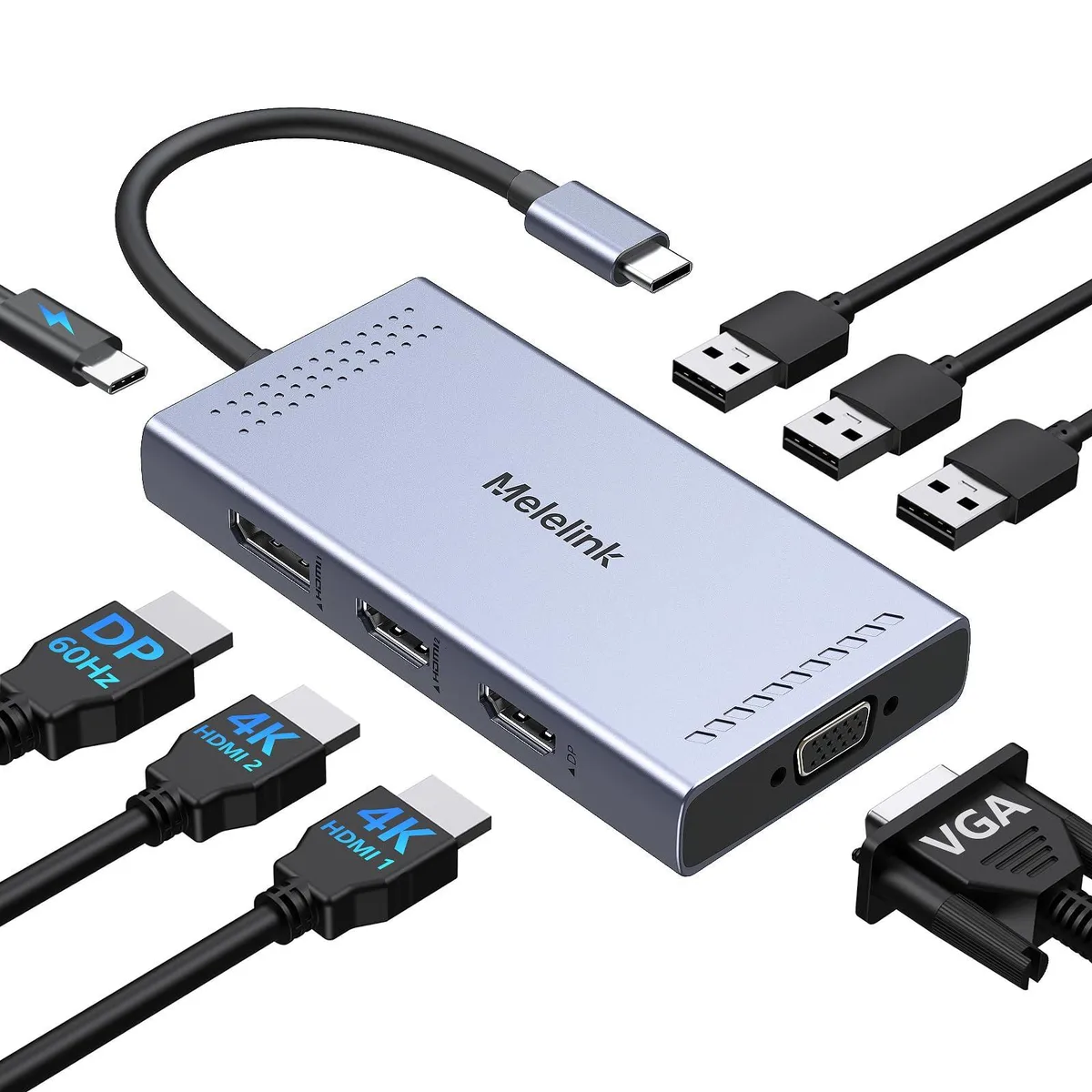 Compact silver docking station with multiple ports including dual HDMI, DisplayPort and VGA