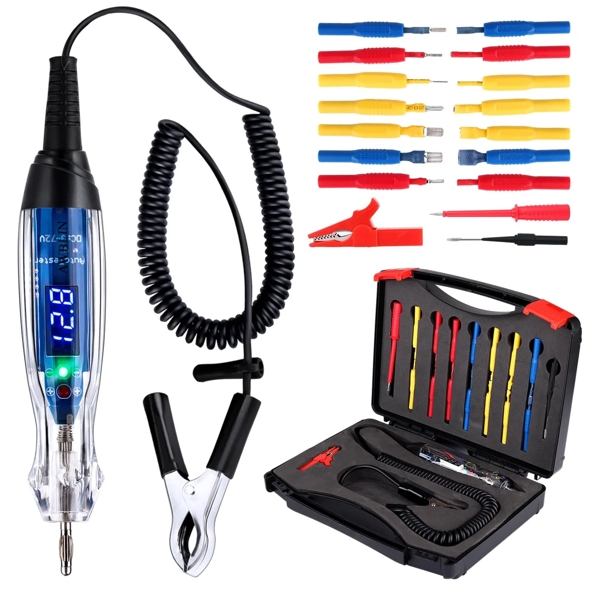 Automotive circuit tester kit with probe, assorted terminals, alligator clip and black case