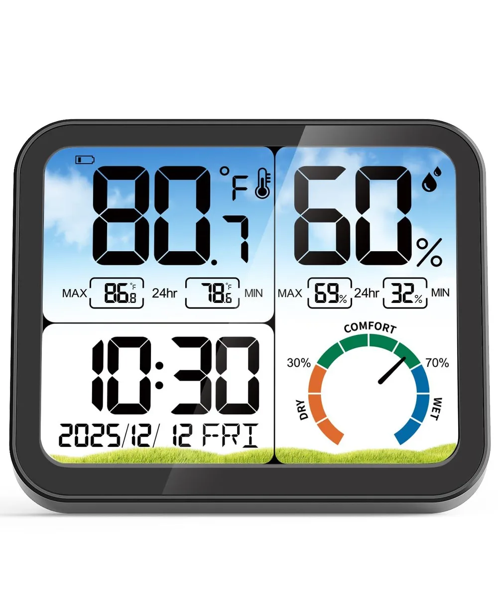 Black rectangular digital thermometer with 5.8'' LCD screen showing temperature humidity clock and comfort indicator