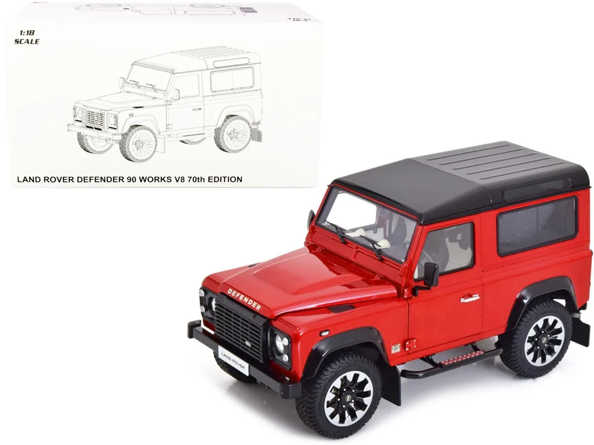 LCD Models LCD Models Land Rover Defender 90 Works V8 Red Metallic Gloss Black Top 70th Edition 1/18 Diecast Car — product photo