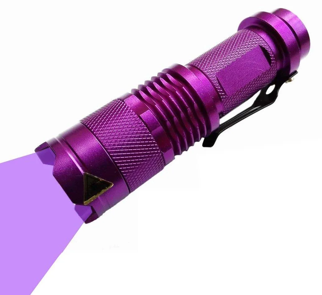Purple aluminum UV flashlight, rectangular, 60g, single LED, AA battery not included