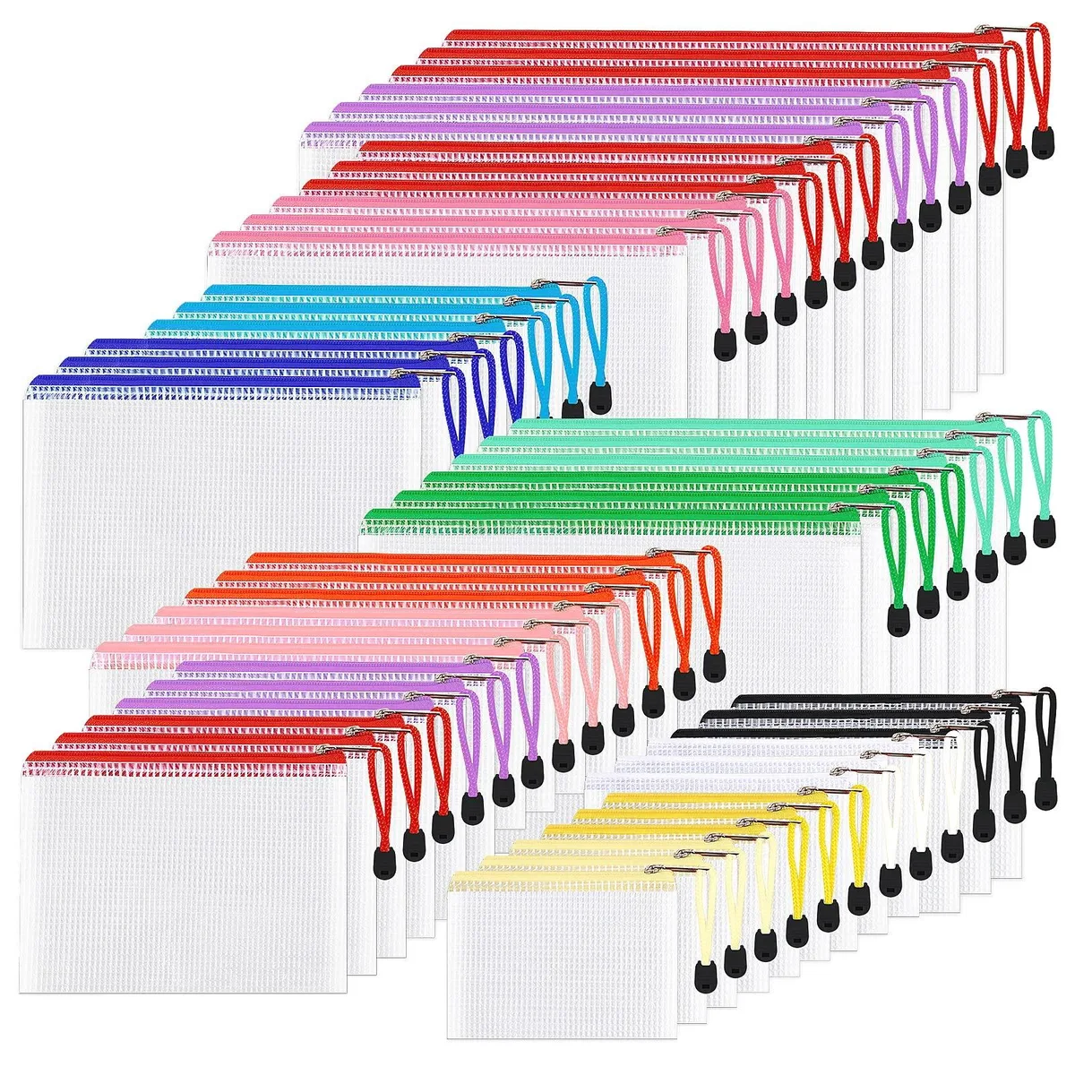 Janisfirst wjd7777 48pcs Mesh Zipper File Folder Pouches 8 Sizes 16 Colors — product photo
