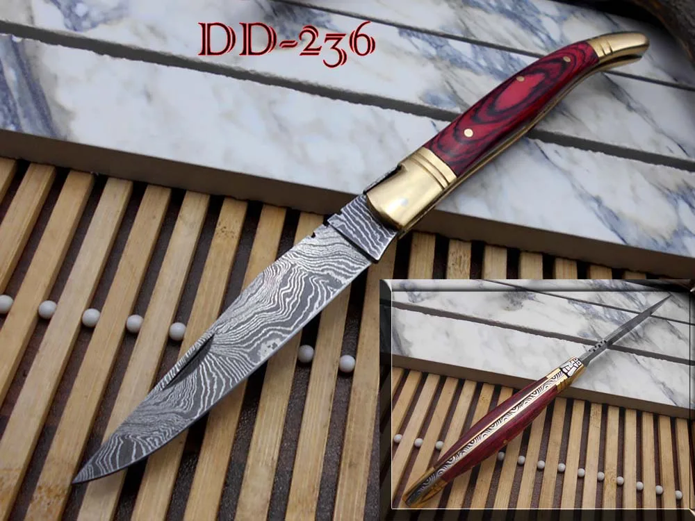 Damascus Depot Damascus Depot Laguiolle Folding Knife 4.5" Blade Red Wood Brass Bolster Sheath — product photo