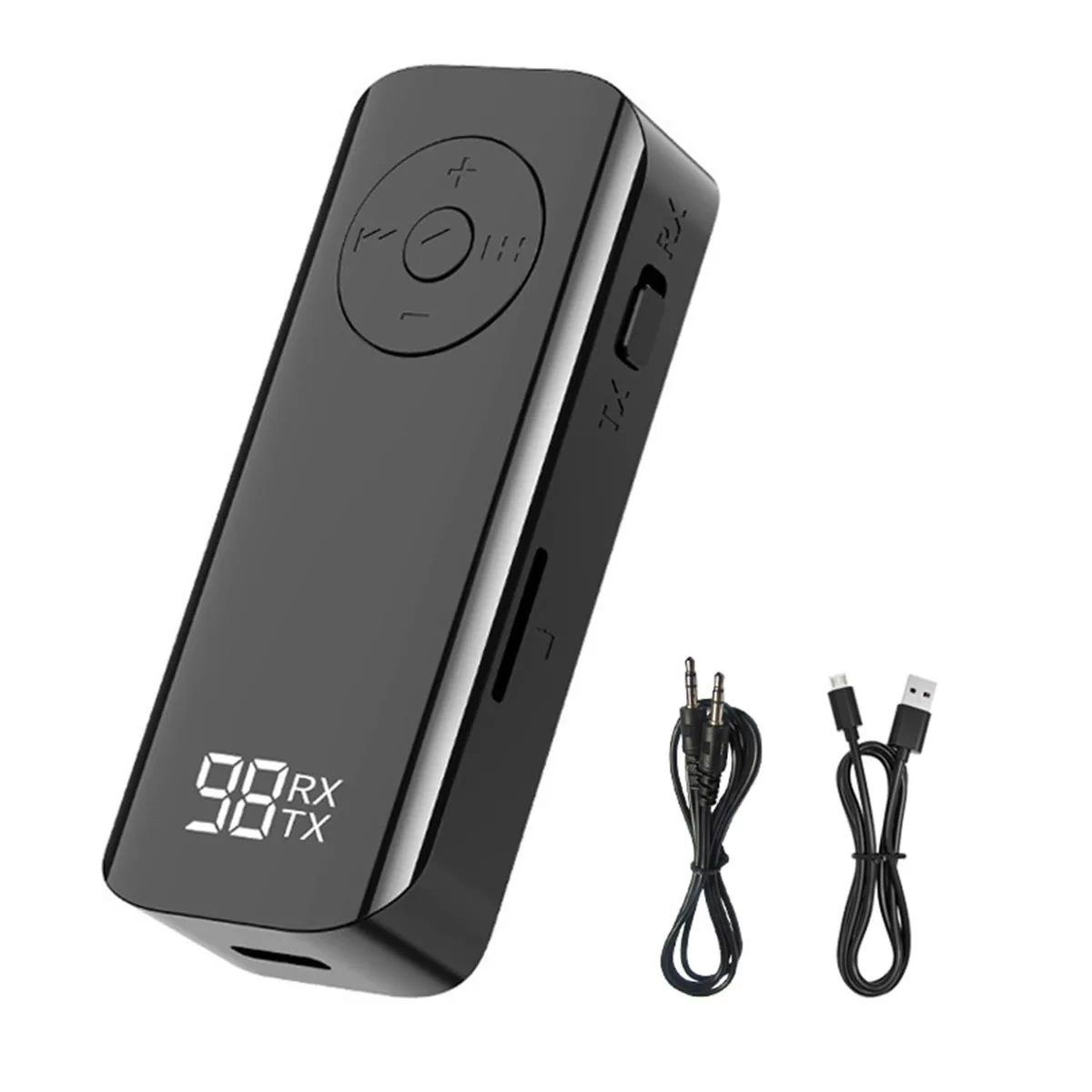 Small rectangular Bluetooth 5.3 adapter with 3.5 mm cable and USB C port