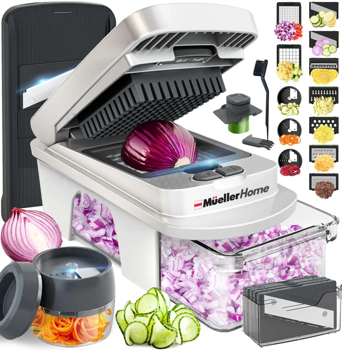 Grey plastic food processor with 12 stainless steel blades and spiralizer attachment