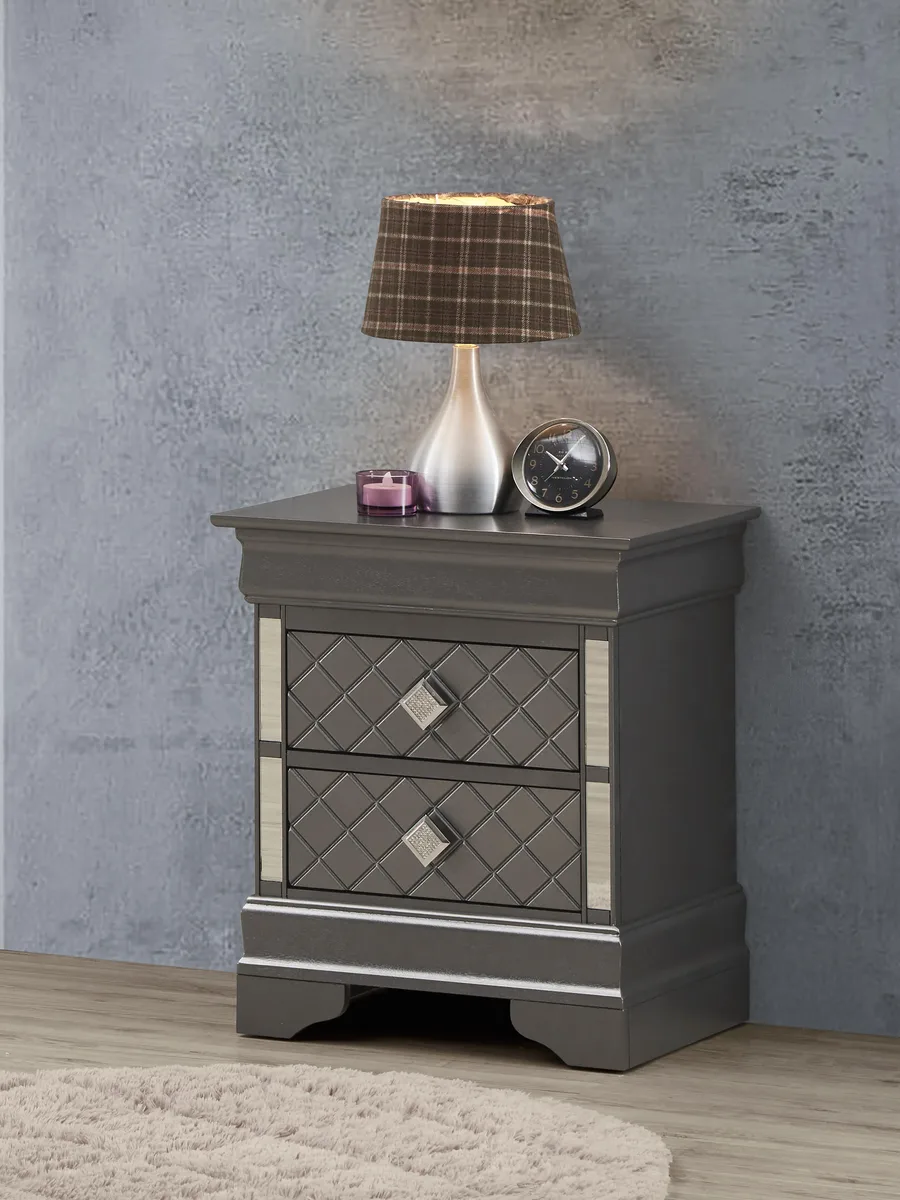 Metallic black nightstand with two drawers, 24H x 21W x 16D inches