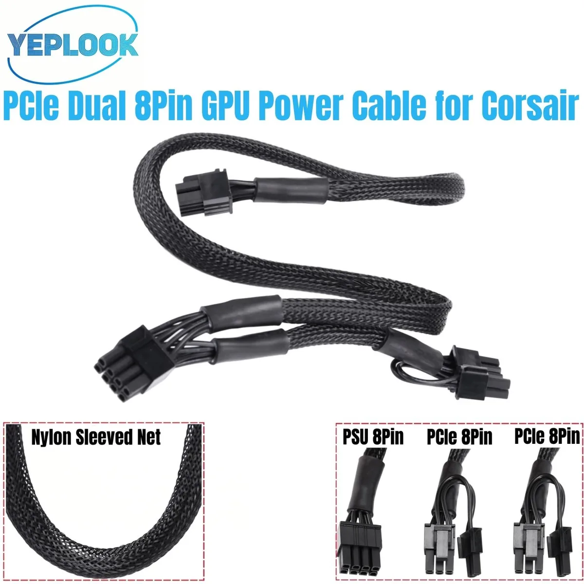 YEPLOOK YEPLOOK 8Pin to Dual PCIe 6+2Pin 18AWG Sleeved Cable for Corsair RM Gold (2021) Type 4 — product photo