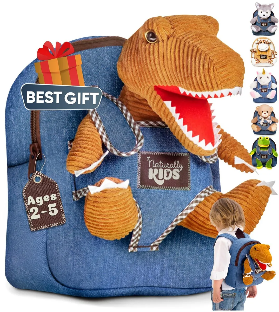 Small dinosaur-print toddler backpack with removable plush T-rex toy attached by clip