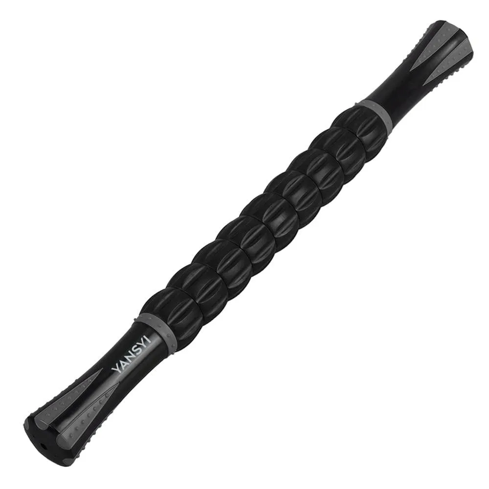 Gray massage stick with nine rotating rollers and ergonomic handles