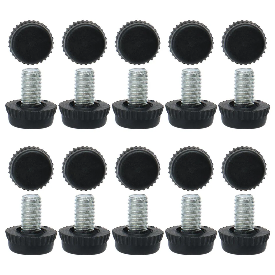 Twenty black plastic leveling feet with silver threaded stems and adjustable height bases