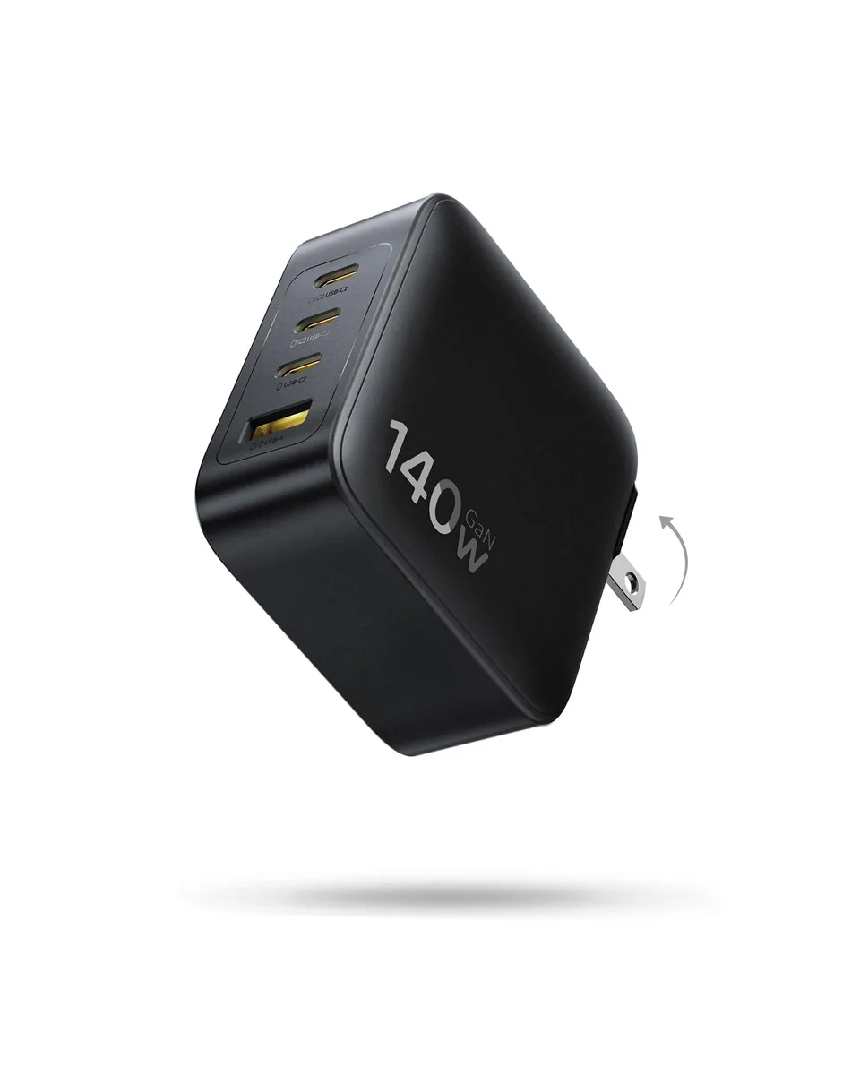 Compact white rectangular GaN charger with three USB-C ports one USB-A port and foldable prongs