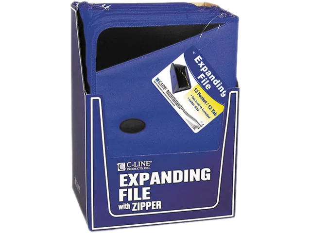 Blue expanding file with zipper closure and tabbed dividers
