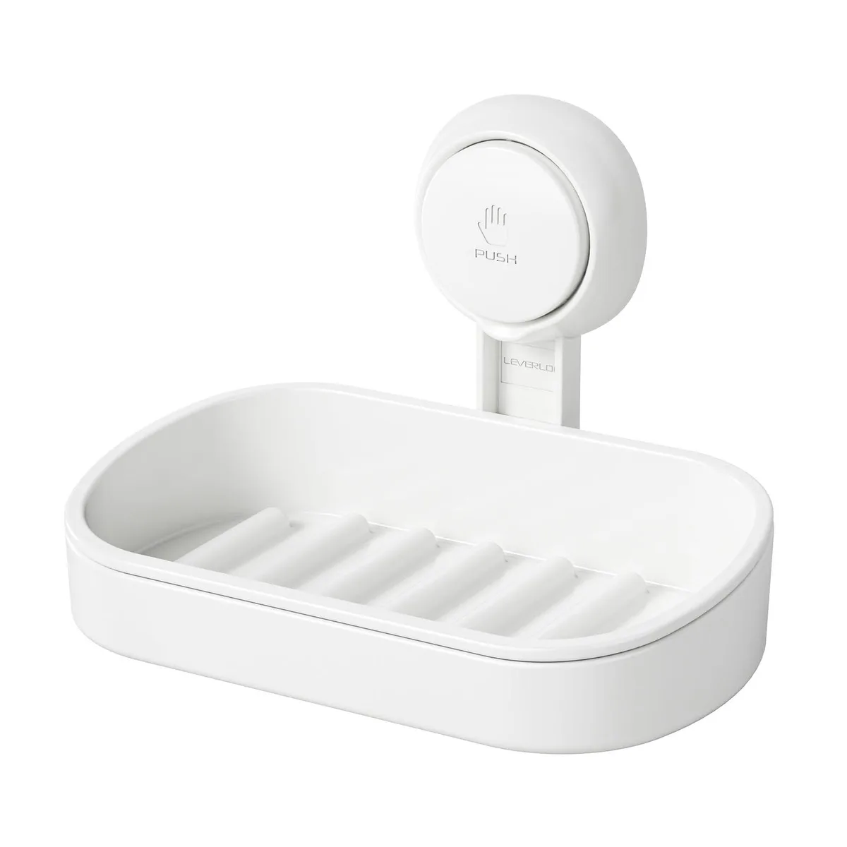 White plastic suction-cup soap holder with drainage holes and ridges