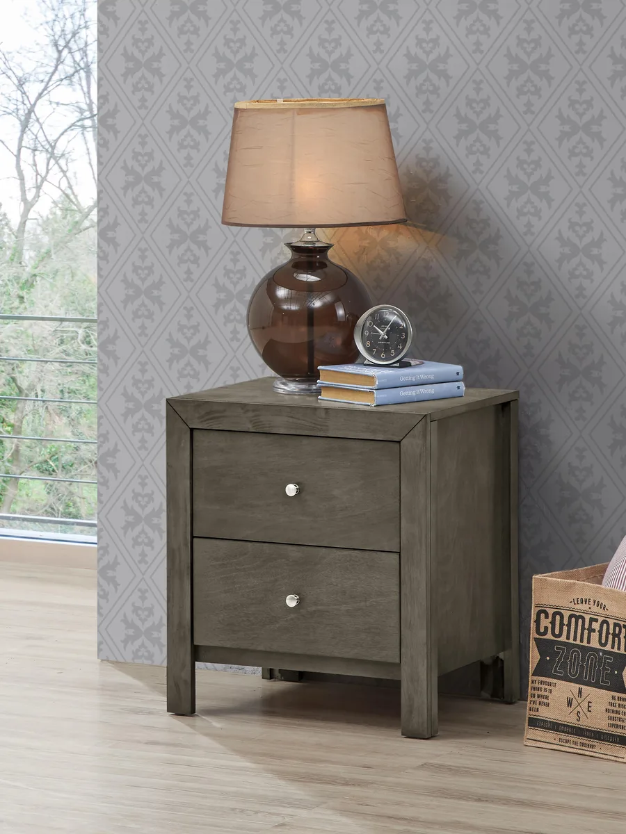 Gray transitional nightstand with two drawers, particle board, 25H 22W 17D