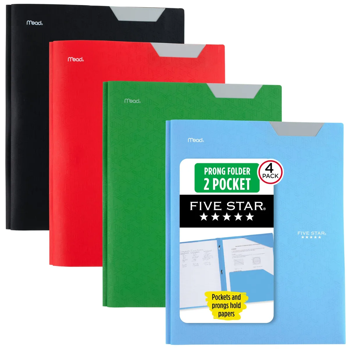 Four plastic folders with prongs and pockets in assorted colours