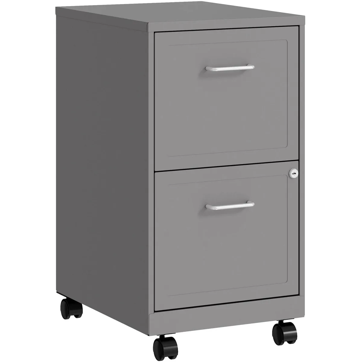 Silver rectangular two-drawer mobile file cabinet on casters with chrome pulls
