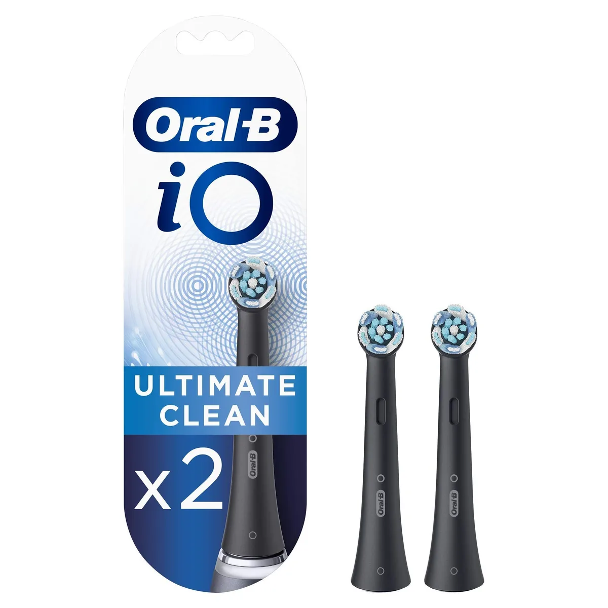 Two black Oral-B iO brush heads, compact round heads with soft twisted bristles, shown side by side