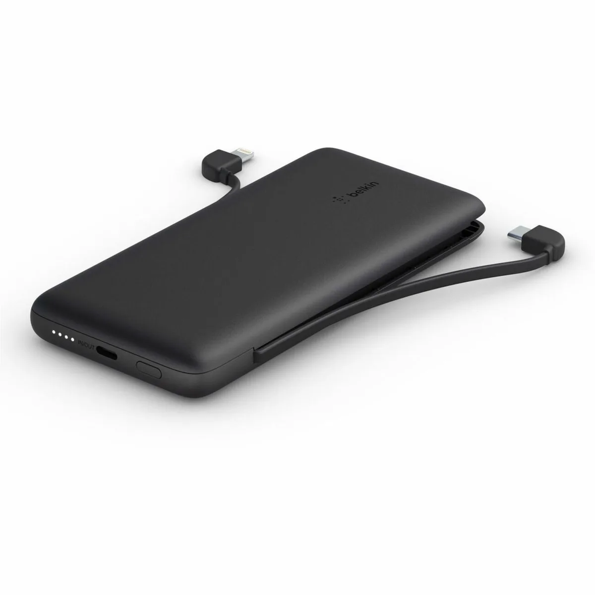 Belkin Belkin BPB006BTBLK 10000 mAh power bank with integrated USB-C and Lightning cables, 18W USB-C I/O — product photo