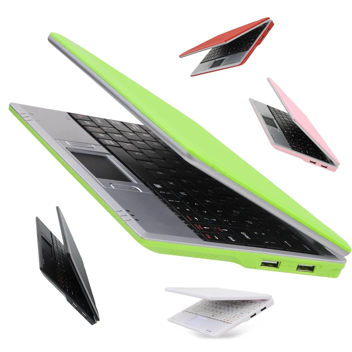 Green 7 inch 2 in 1 mini laptop with optical mouse charger and keychain light