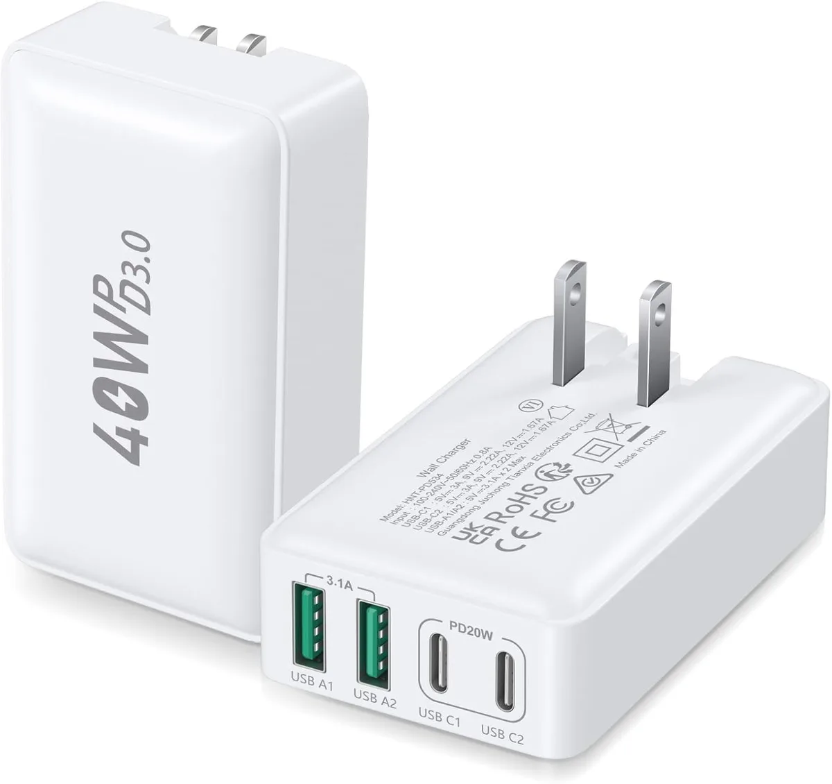 RUOCLRIS RUOCLRIS 40W 4-Port USB-C PD QC GaN Charger 2-Pack White — product photo