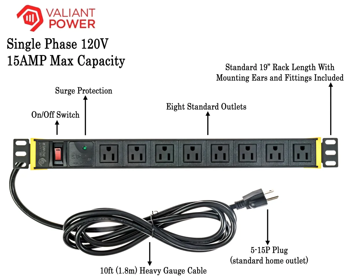 Valiant Power Valiant Power 120V 15A 1U PDU Surge 8 C13 10ft Cable — product photo