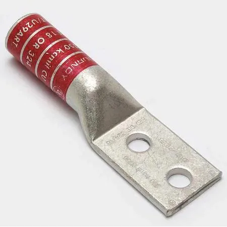 Copper compression lug with two 3/8 in holes, long barrel, red colour code