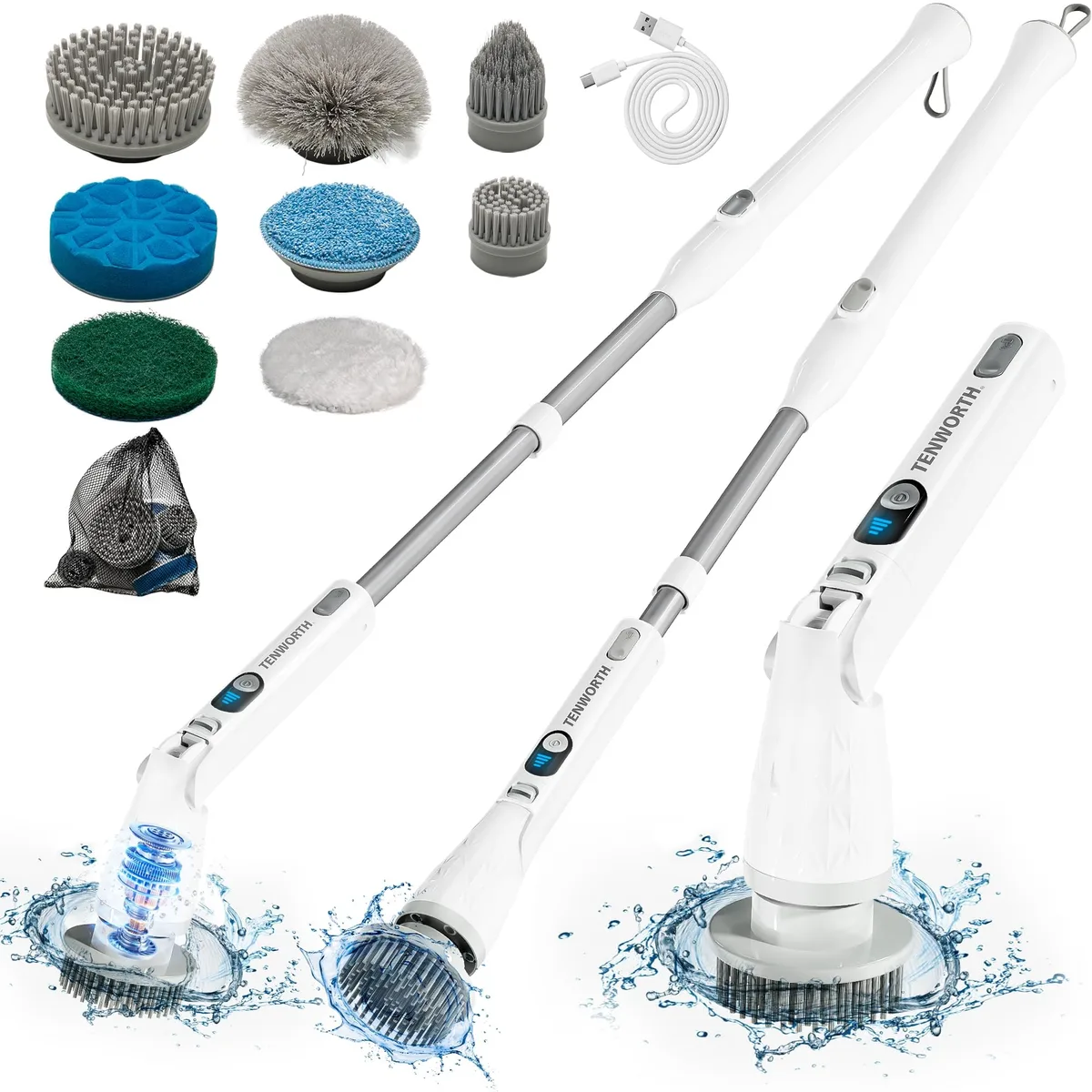 White cordless spin scrubber with long handle and interchangeable brush heads