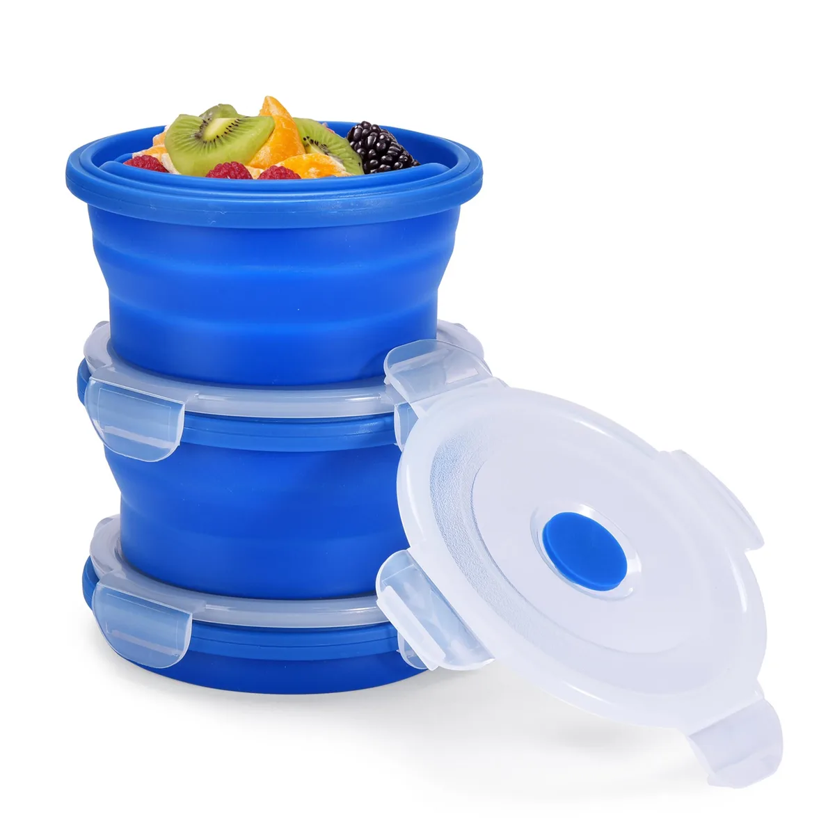 Red collapsible silicone food bowl with snap-on lid, expanded to full height