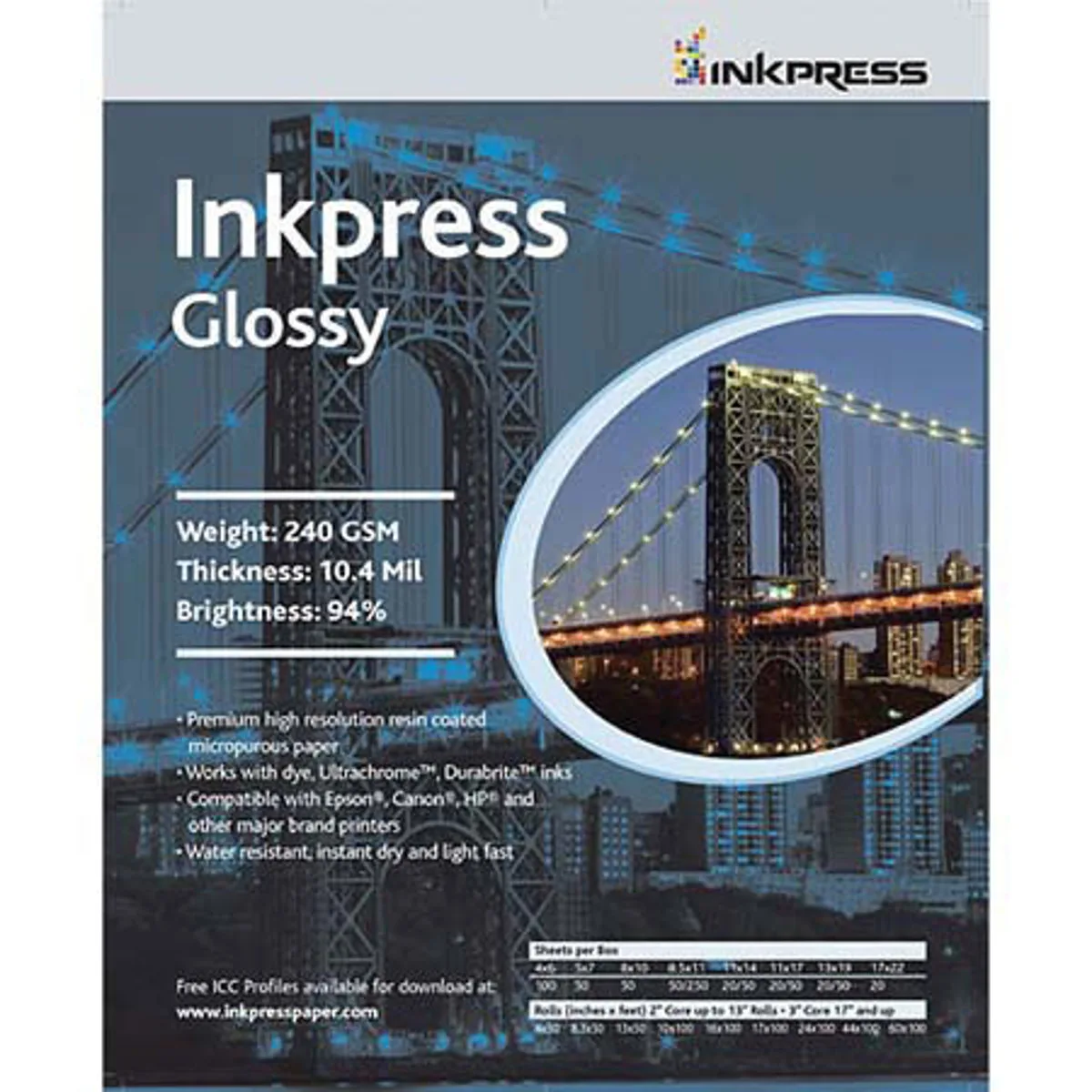 Inkpress Inkpress Glossy Single Sided Inkjet Paper 240gsm 10.4 mil 11x17 250 Sheets — product photo