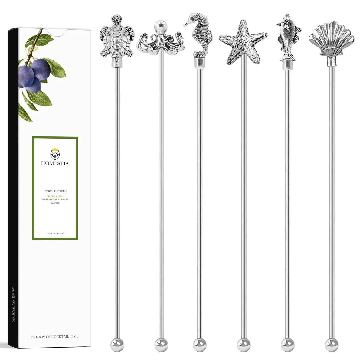Six 7.5" stainless steel stirrers with animal heads