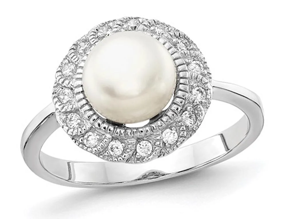 Gem &amp; Harmony Gem &amp; Harmony Freshwater Cultured Pearl Ring Sterling Silver Cubic Zirconia 925 16 Stones 0.1 Gem Weight — product photo