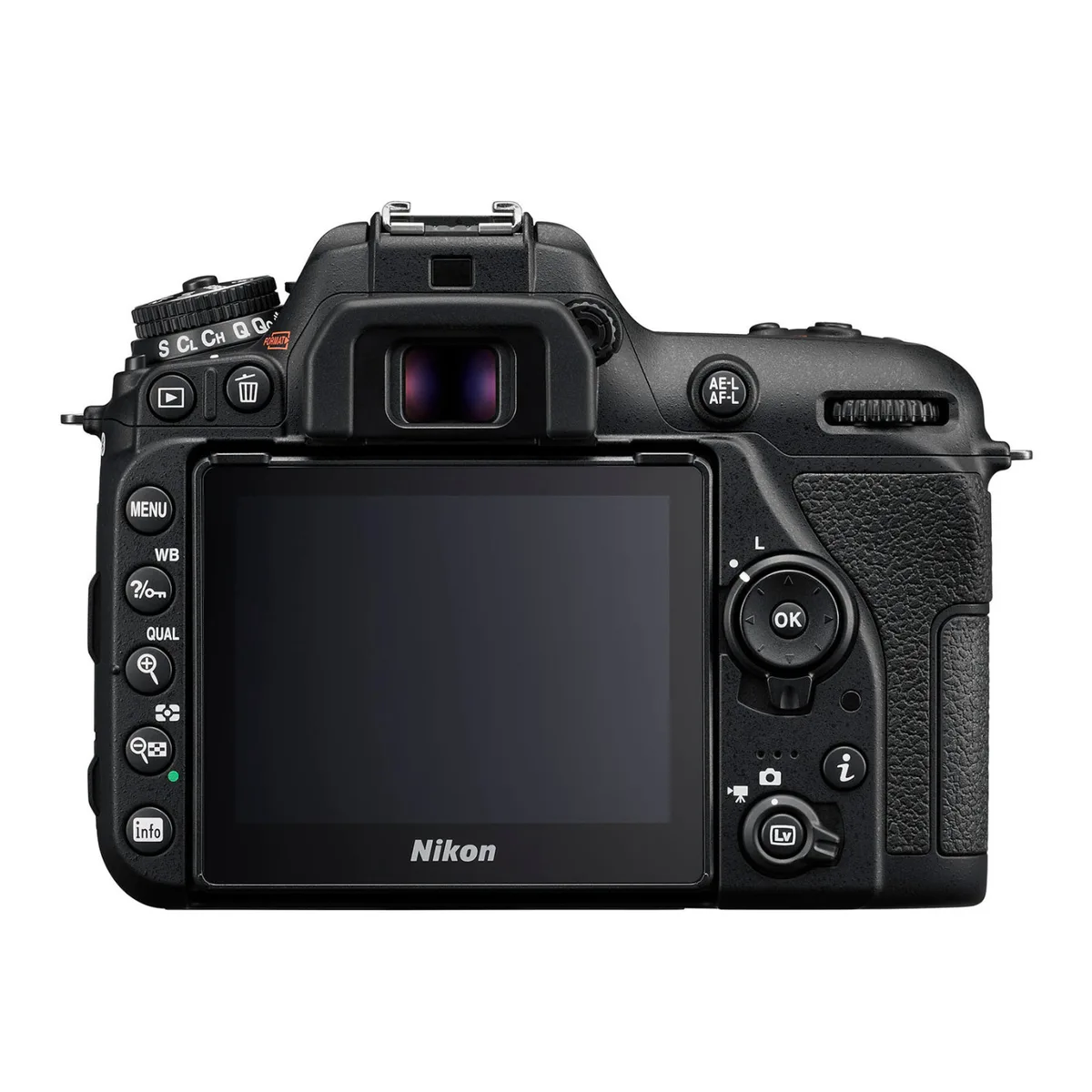 Black DSLR camera body with textured grip and tilting rear screen