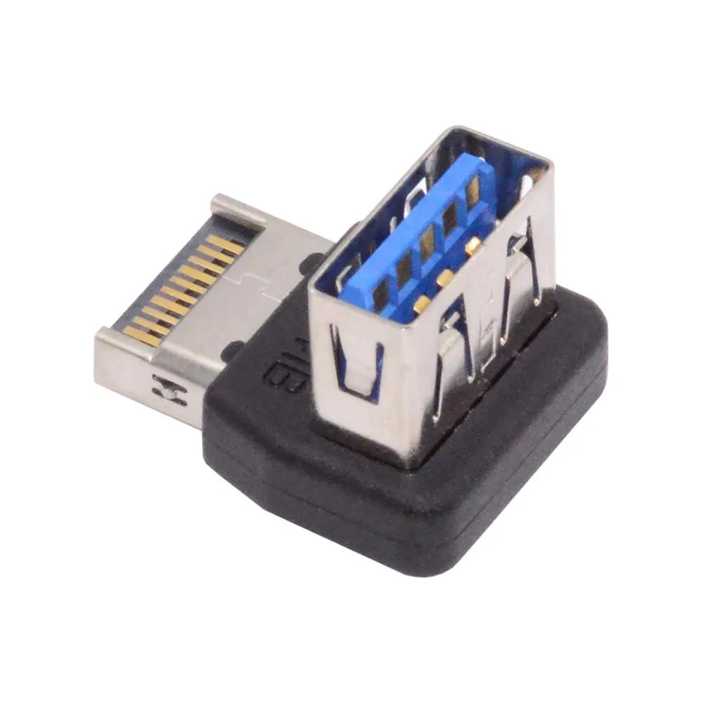 Small black right-angle adapter with a wide 20-pin male header on one side and a rectangular USB 3.1 Type-E female port on the other