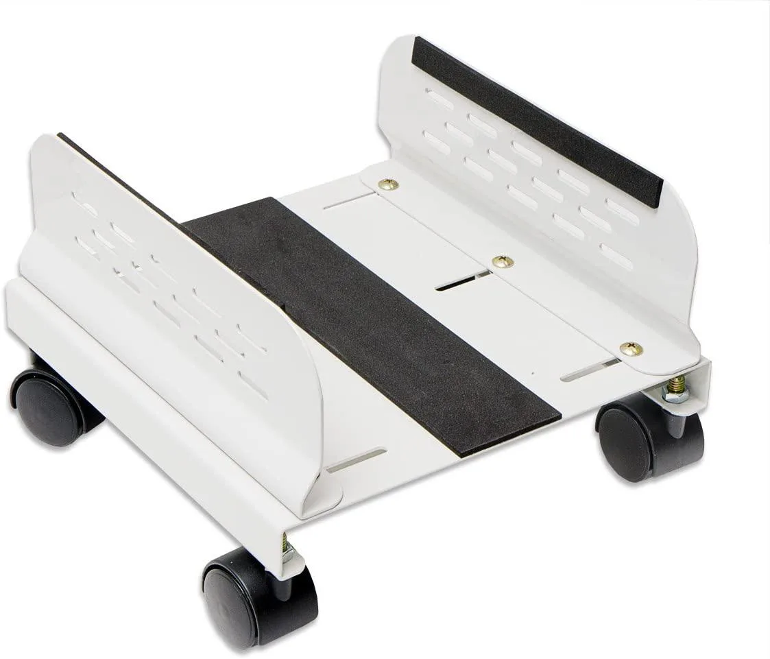 Black steel CPU stand on four caster wheels with adjustable side brackets and ventilated base plate