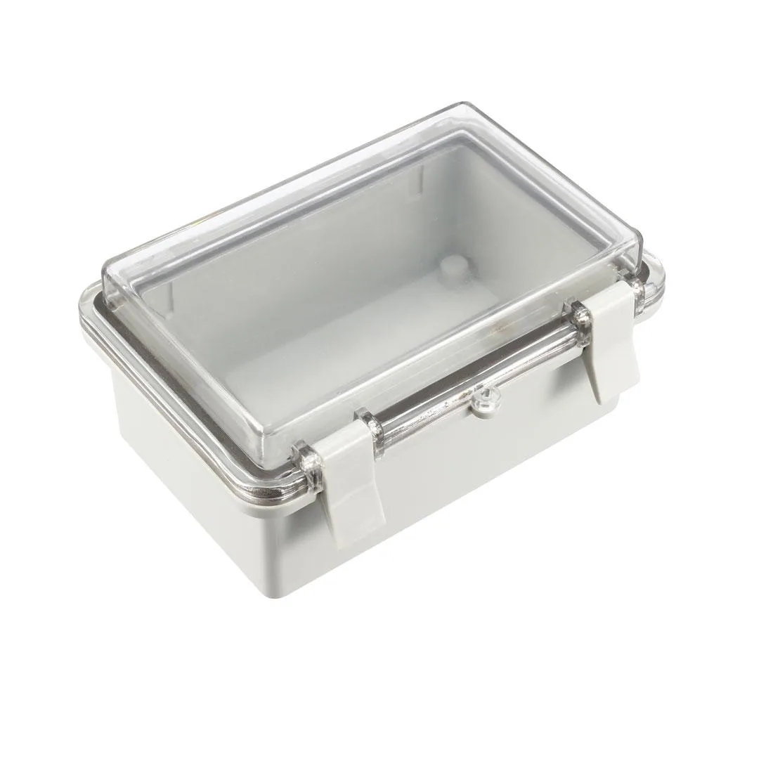 Light gray ABS box with transparent hinged PC cover, 150 by 150 by 70 mm