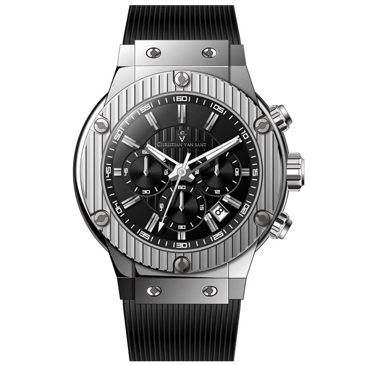Black stainless steel watch with rubber strap and chronograph dial
