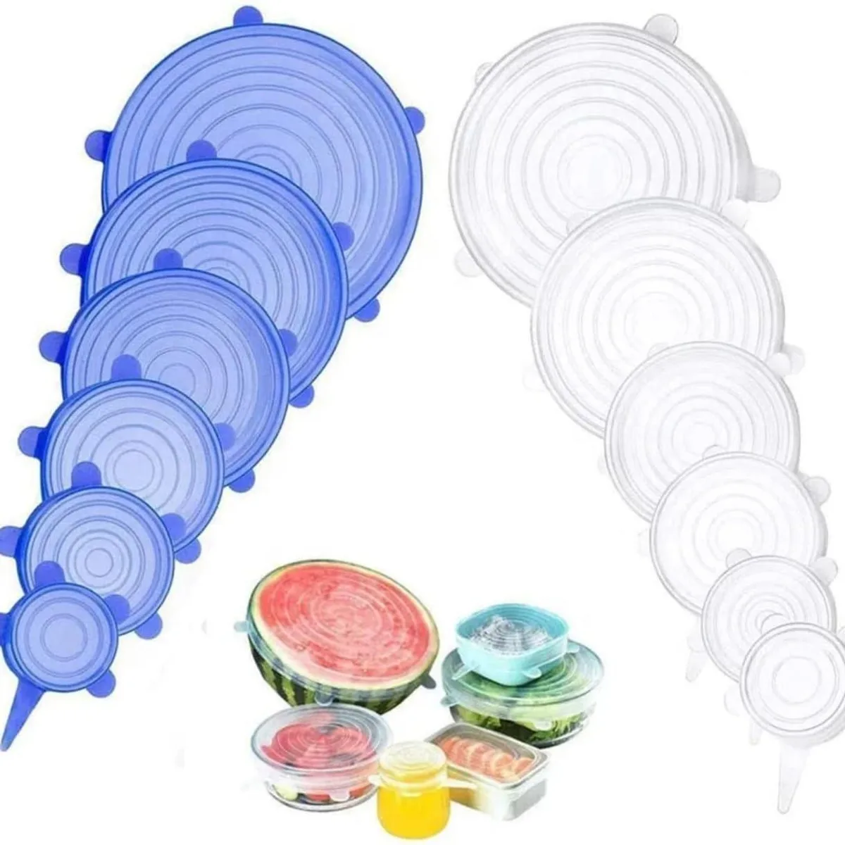 Twelve clear silicone stretch lids in blue and white, various round sizes, stacked together