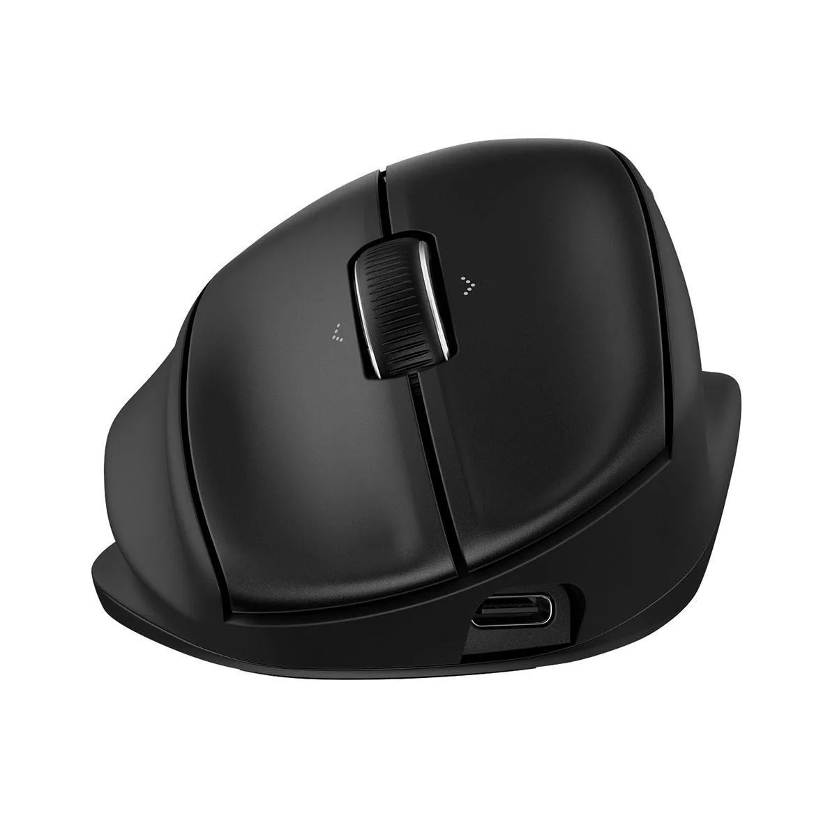 Black ergonomic wireless mouse with 21-degree tilt and silicone grip