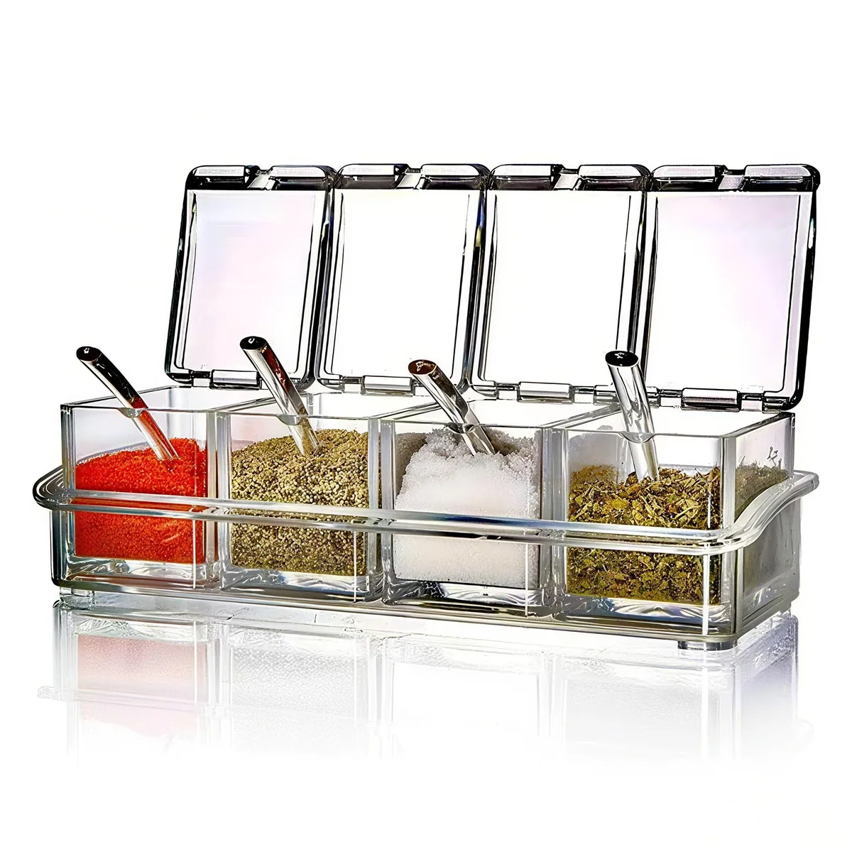 Four clear plastic spice jars with lids spoons and tray