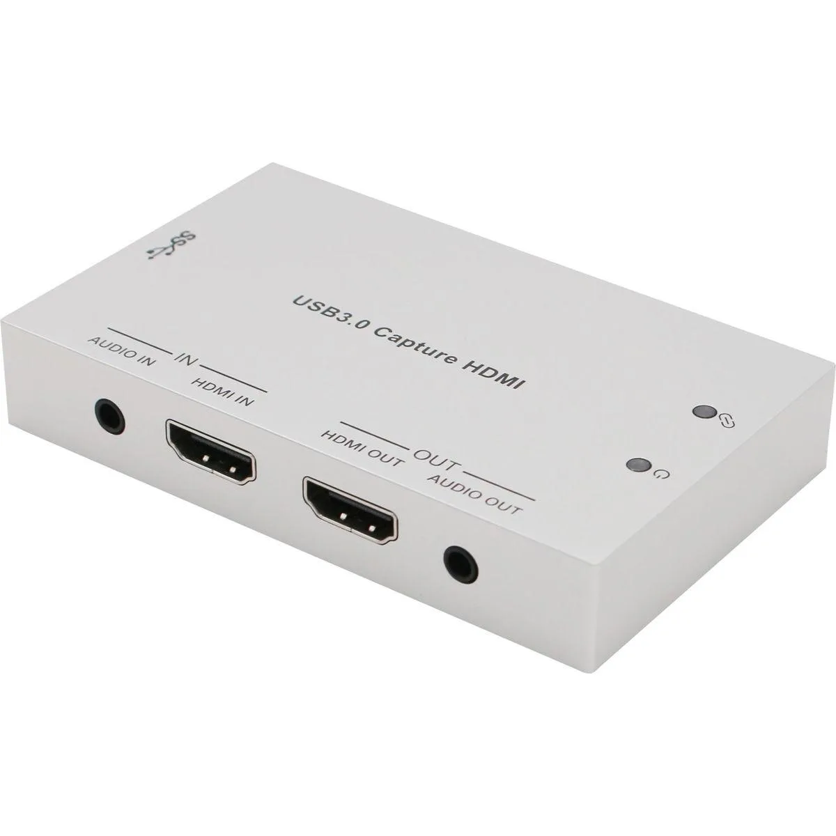 Compact black capture box with HDMI ports and USB 3.0 cable