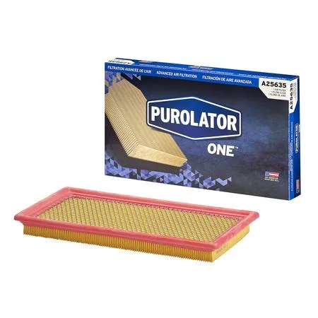 White rectangular PurolatorONE air filter panel with pleated media and orange frame