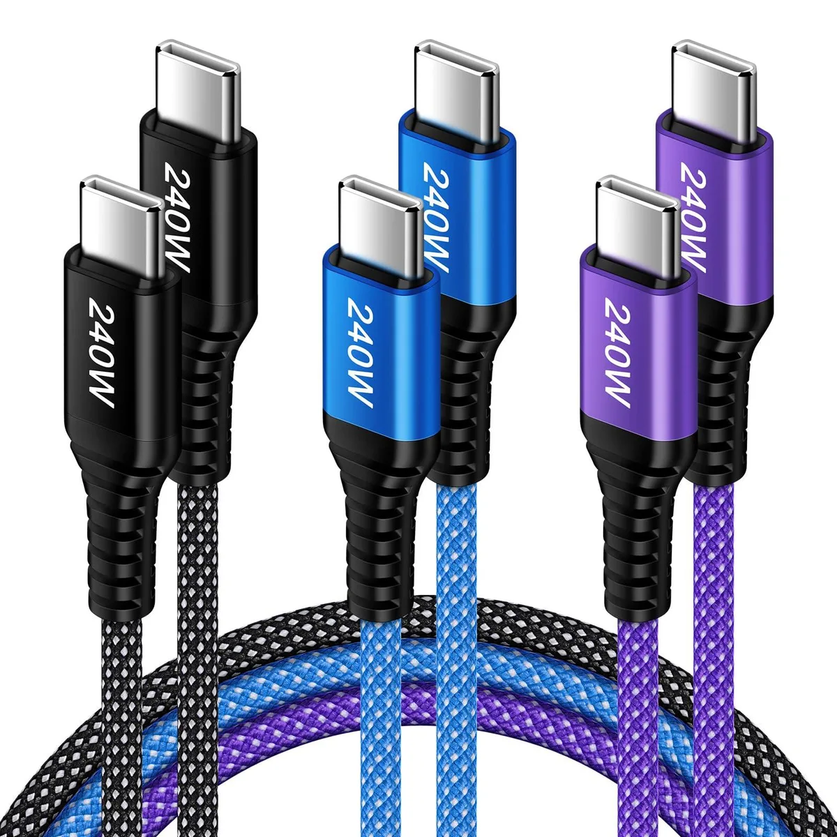 Sidpro Samsung Gala USB C to USB C Cable 3-Pack 10FT 240W 5A 480Mbps Black — product photo